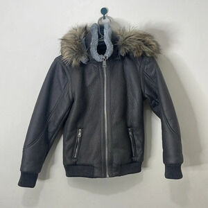 Robert Phillipe Gray Faux Leather Kids Coat Jacket with Fur‎ Hood Size 12